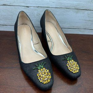 Zara Woman Denim Slip On Block Heel Shoes Rhinestone Pineapple Size 9.5 / 40